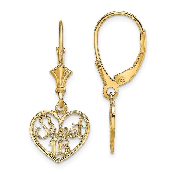 Kazi Luxury 14k Yellow Gold Polished SWEET 16 in Heart Dangle Leverback Earrings